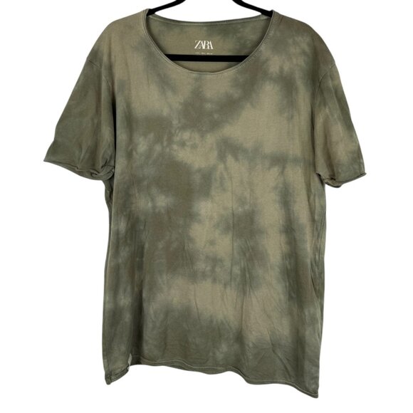 ZARA Army Green Tie Dye Short Sleeve Circle Neck Tee Shirt - Large - Picture 1 of 5